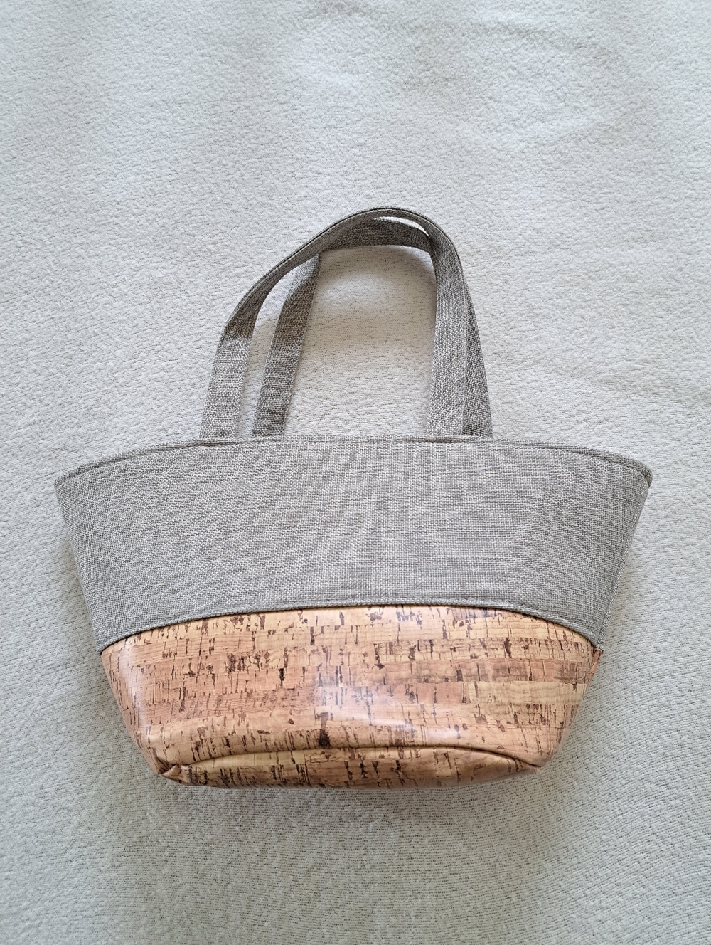 Neutral Open Top Utility Tote Faux Cork And Woven Fabric Grey Brown Lunch Bag